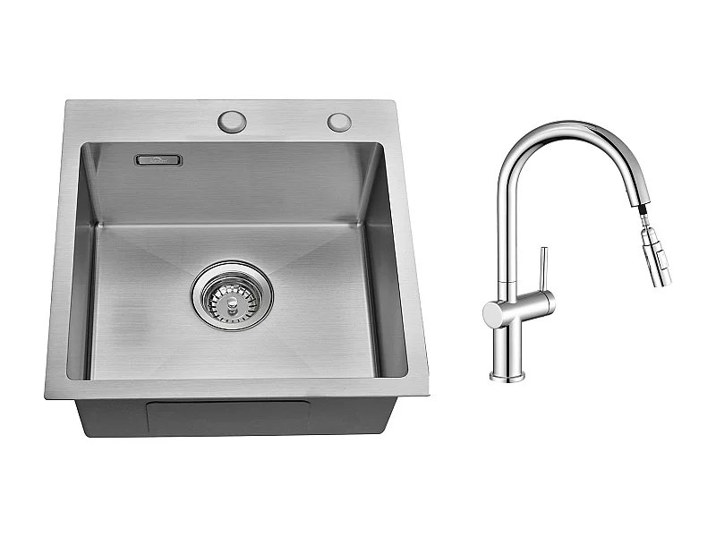 Évier Cuisine 1 Bac 45x45CM Acier Inoxydable 304 ,encastré et à Poser+robinet de cuisine rétractable à deux fonctions, chromé,EU Modèle