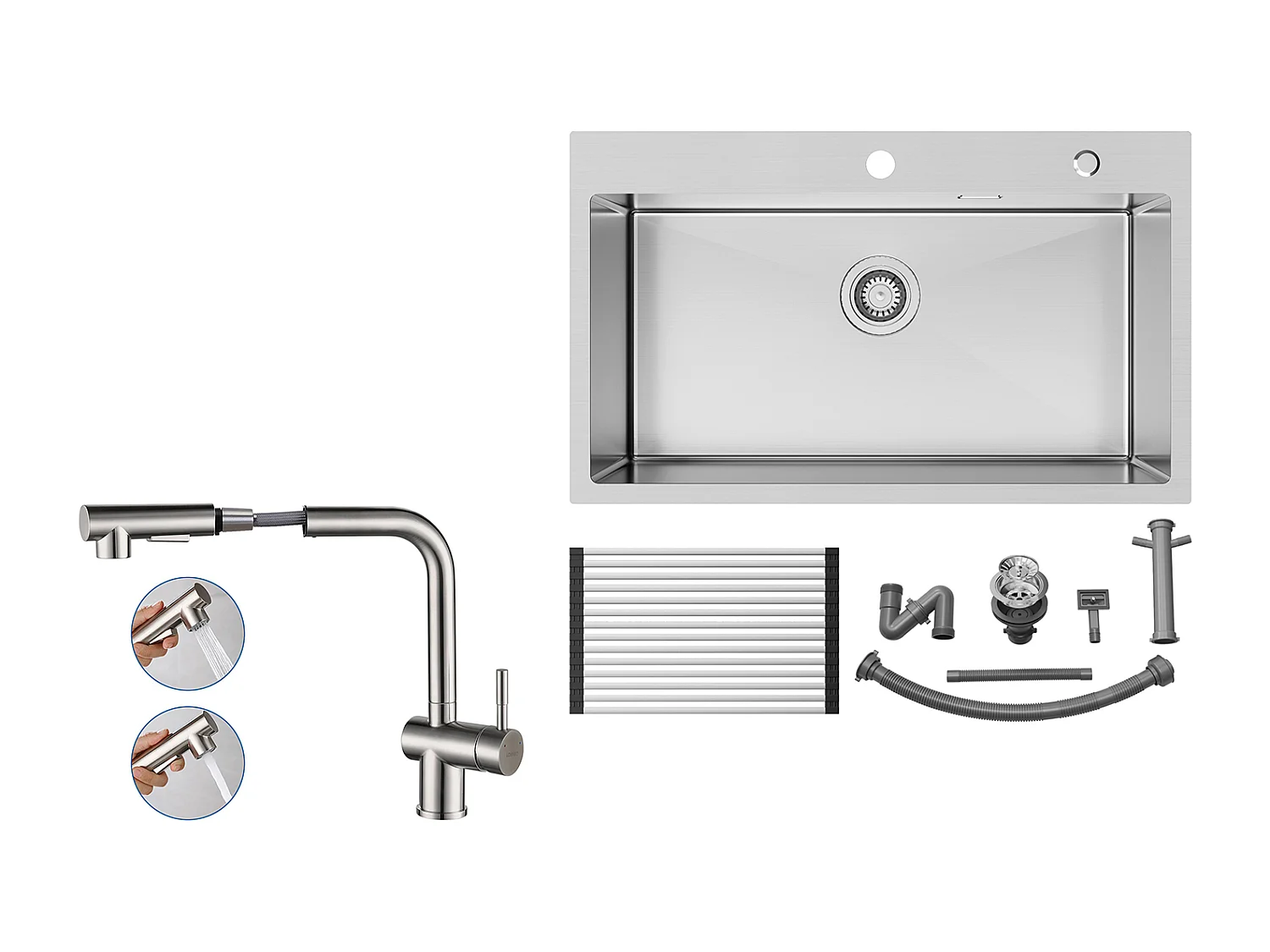 Auralum MAX Fregadero Cocina 1 Tanque Inox Cepillado75*45*19CM-ÉVieravec Escurridor plegable+Grivo Cocina Ducha Extraible Dos Jets Giratorio 360°