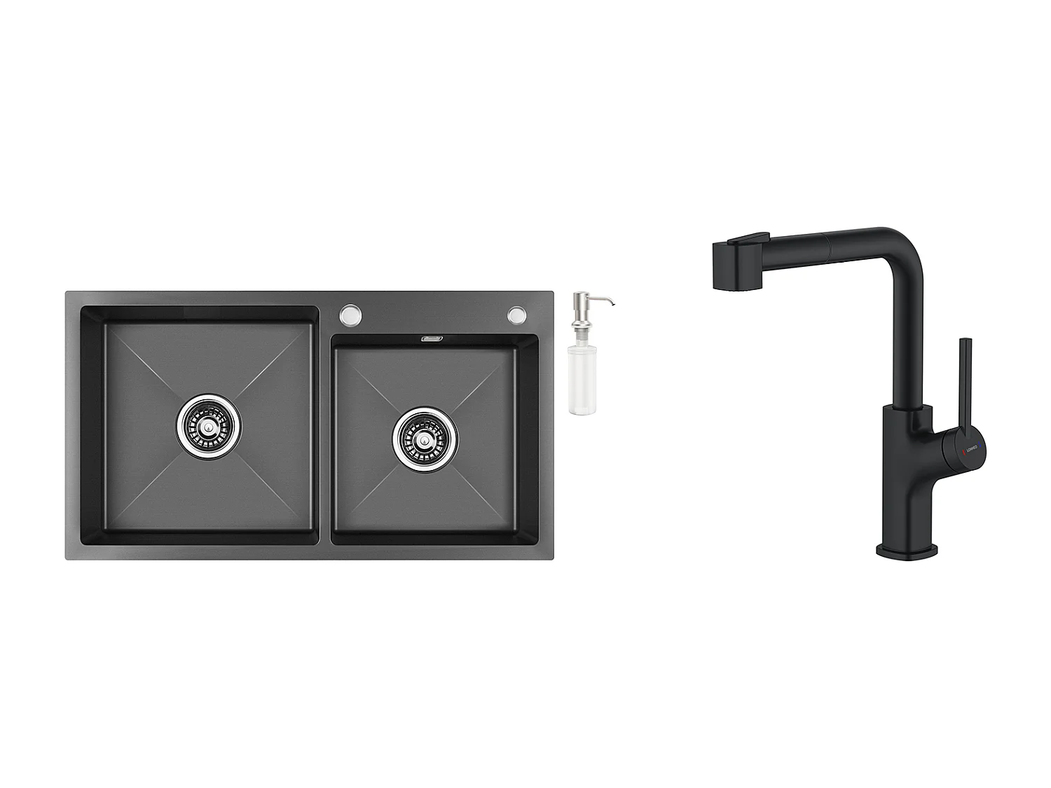 2 in 1 Aanrecht 2 Bakken,75x45x19cm, Inbouw/ Opzetbaar met Zeepdispenser+ Keukenkraan Zwart met Uittrekbare Handdouche