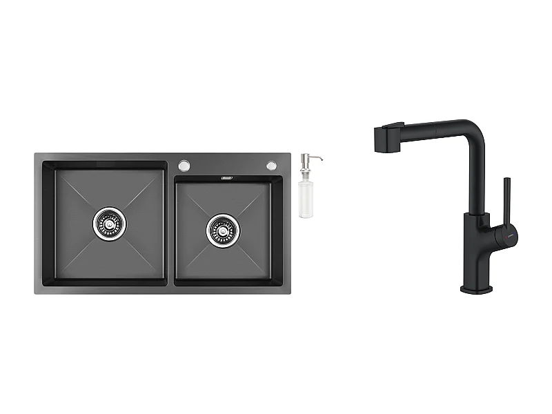 2 in 1 Aanrecht 2 Bakken,75x45x19cm, Inbouw/ Opzetbaar met Zeepdispenser+ Keukenkraan Zwart met Uittrekbare Handdouche