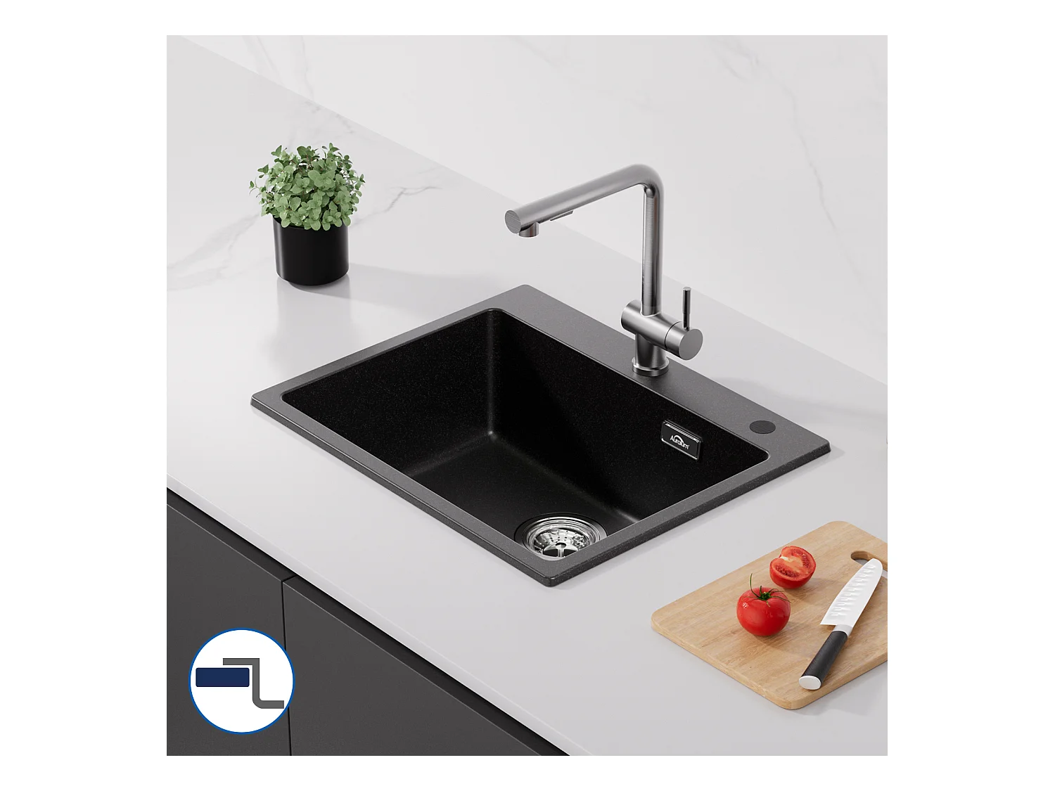 Évier Cuisine 1 Bac,en Granit,55*45*20cm,Kit de Vidage,Évier Cuisine Encastré,Trous de Montage pour Robinet/Distributeur Savon,Noir,EU Modèle