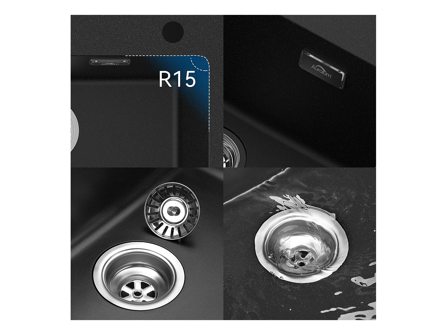 Évier Cuisine 1 Bac,en Granit,55*45*20cm,Kit de Vidage,Évier Cuisine Encastré,Trous de Montage pour Robinet/Distributeur Savon,Noir,EU Modèle