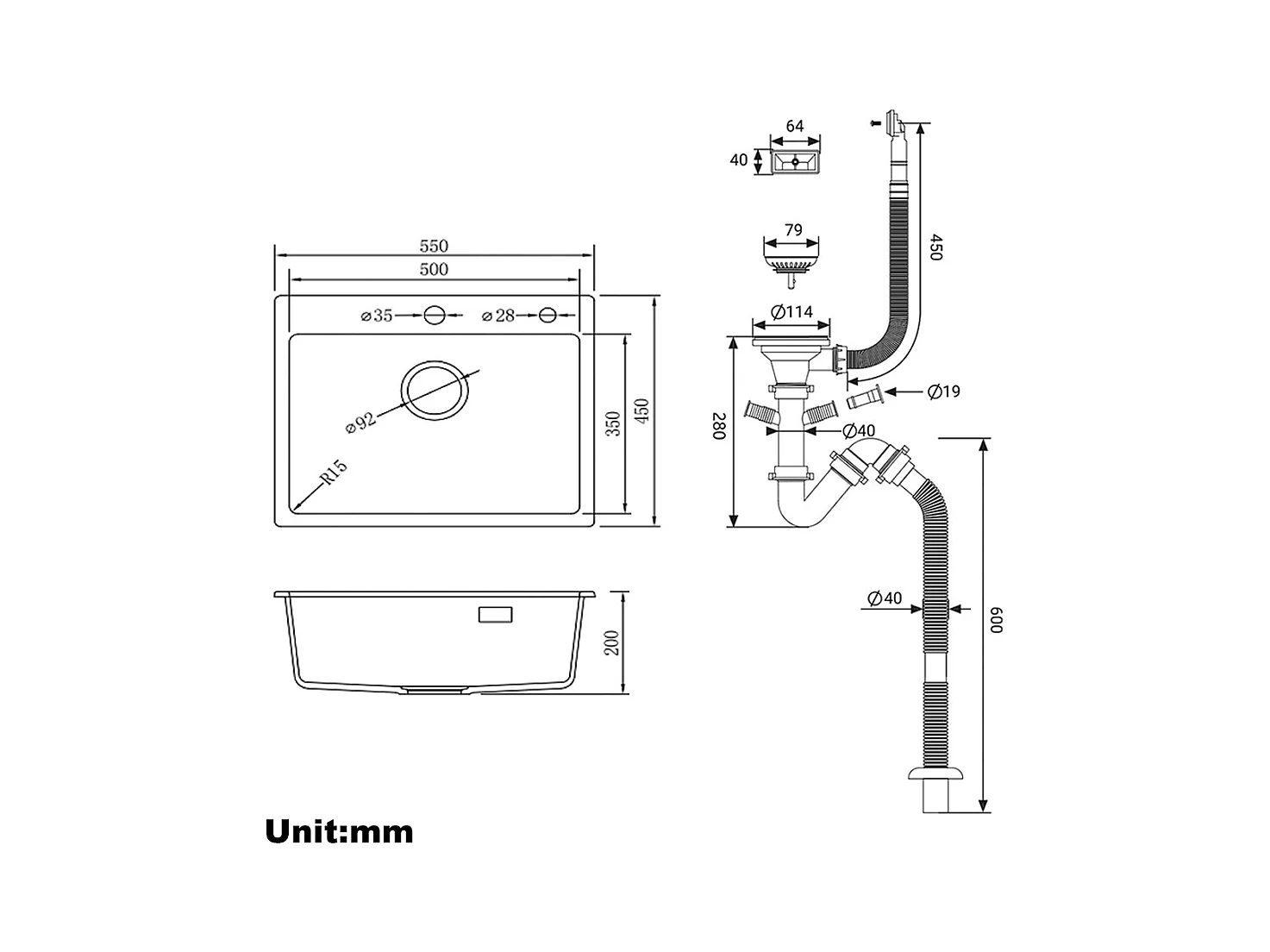 Évier Cuisine 1 Bac,en Granit,55*45*20cm,Kit de Vidage,Évier Cuisine Encastré,Trous de Montage pour Robinet/Distributeur Savon,Noir,EU Modèle