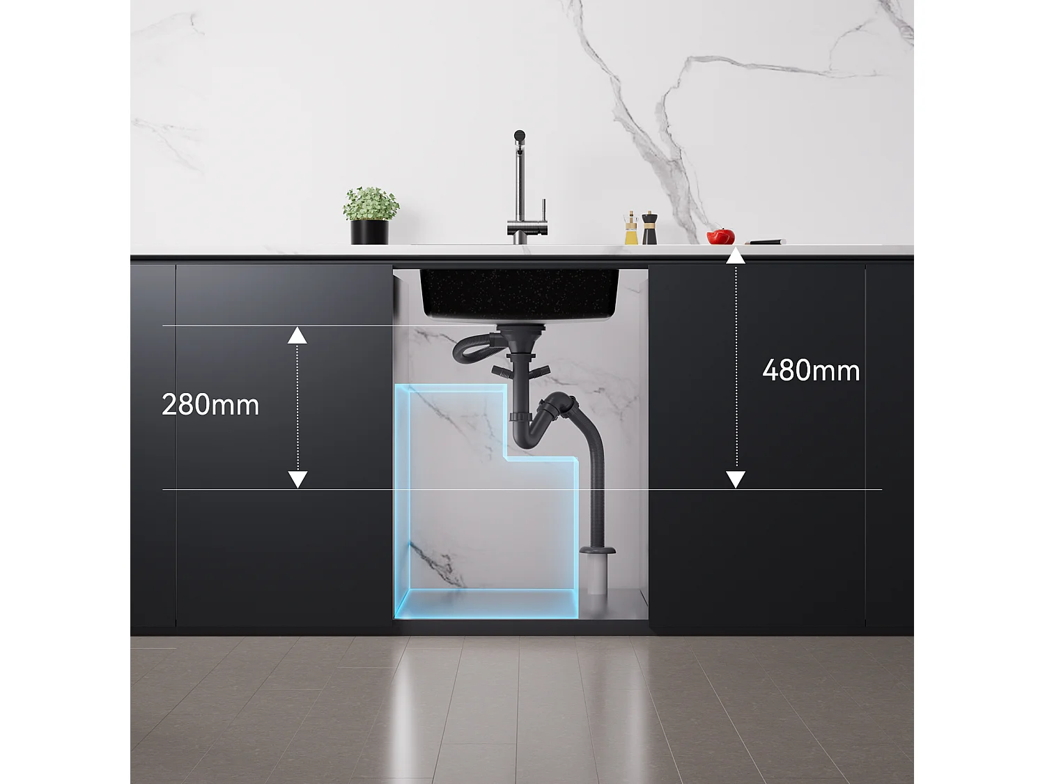 Évier Cuisine 1 Bac,en Granit,55*45*20cm,Kit de Vidage,Évier Cuisine Encastré,Trous de Montage pour Robinet/Distributeur Savon,Noir,EU Modèle