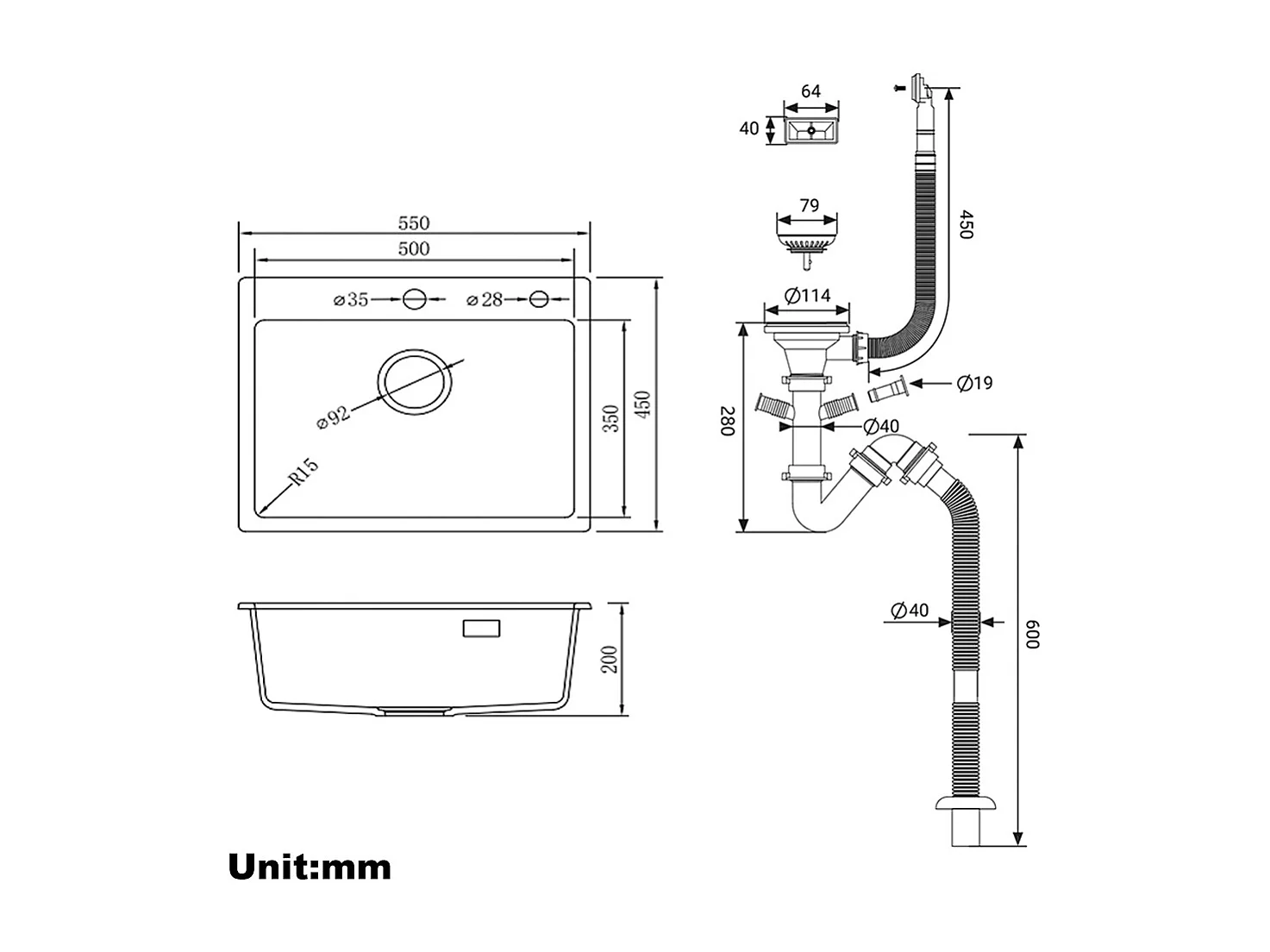 Aanrecht 1 bak, granieten, 55*45*20cm, afvoerset, inbouw gootsteen, montagegaten voor kraan/zeepdispenser, zwart, EU model