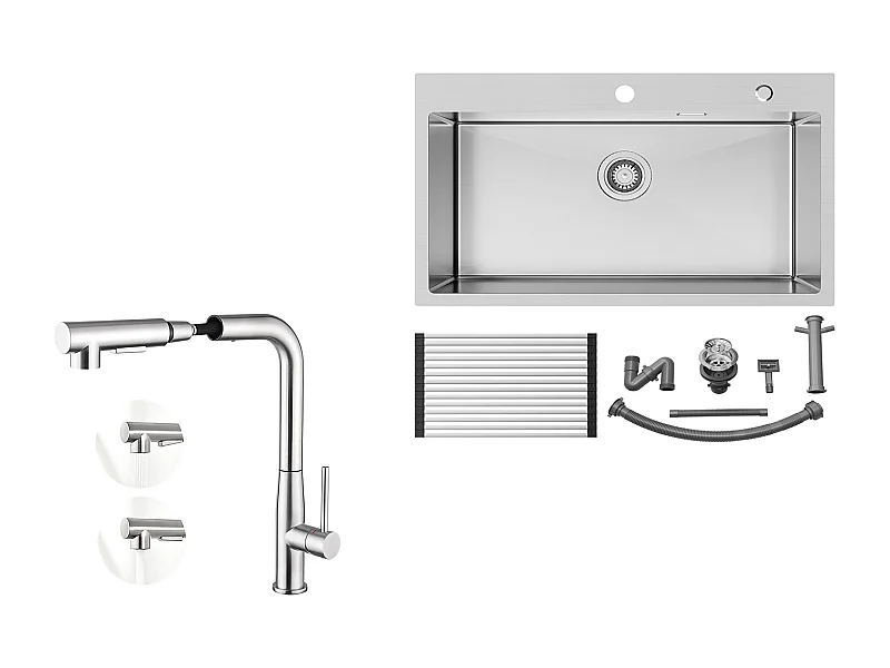 Auralum MAX Küchenspüle 1 Becken Edelstahl gebürstet 75*45*19CM - Spüle mit faltbarer Abtropffläche + Küchenarmatur mit 360° drehbarer Ausziehbrause
