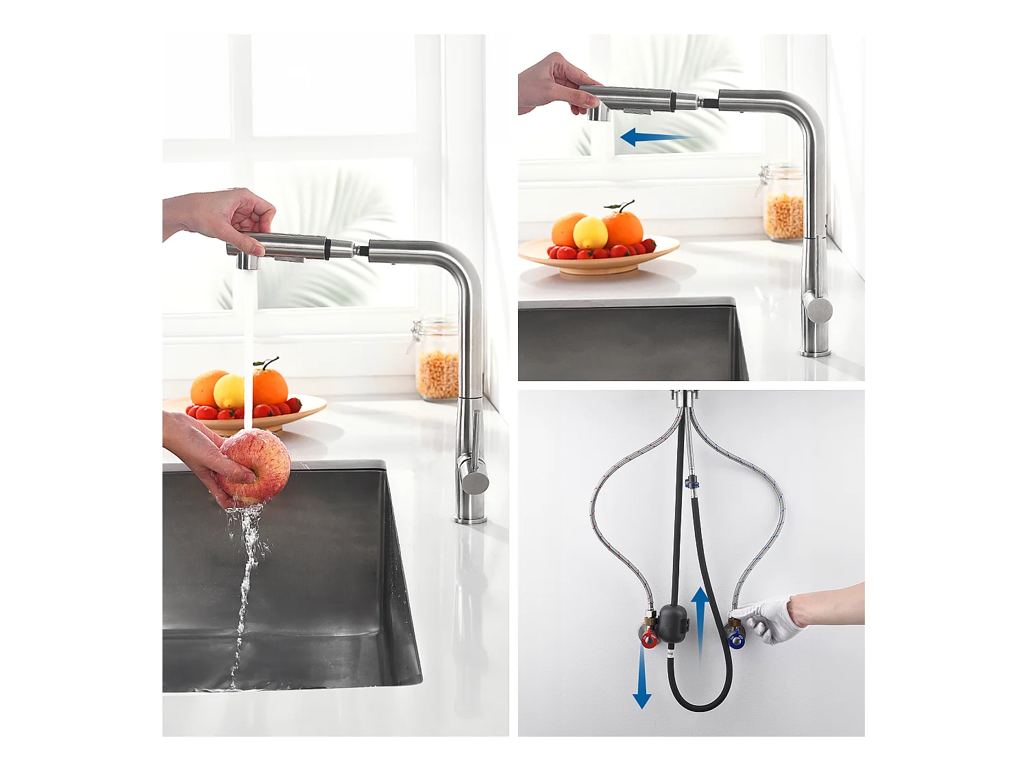 Auralum MAX Aanrecht 1 Bak Geborsteld Roestvrij Staal75*45*19CM-Spoelbak met Opvouwbare Afdruiprek+Mengkraan Keuken met Uittrekbare Douche 360° Draaibaar