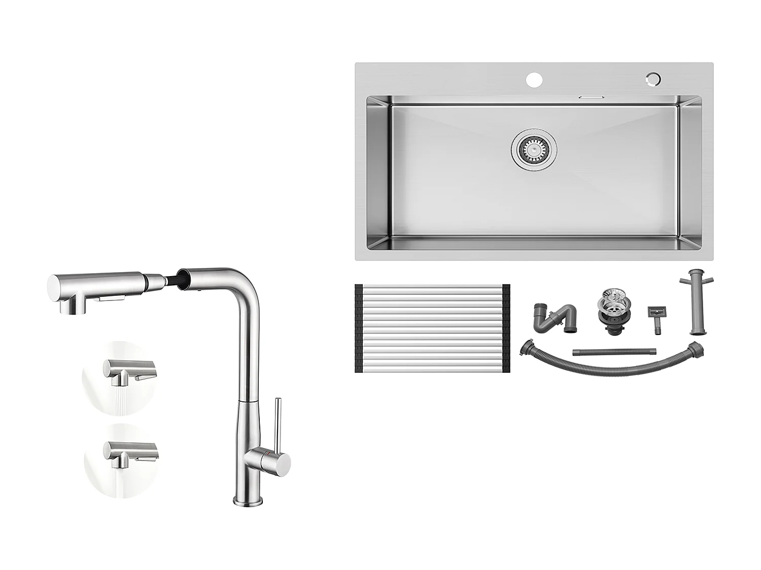 Auralum MAX Évier Cuisine 1 Cuve Inox Brossé75*45*19CM-Évier avec Égouttoir pliable+Mitigeur Cuisine avec Douchette Extractible Rotatif 360°