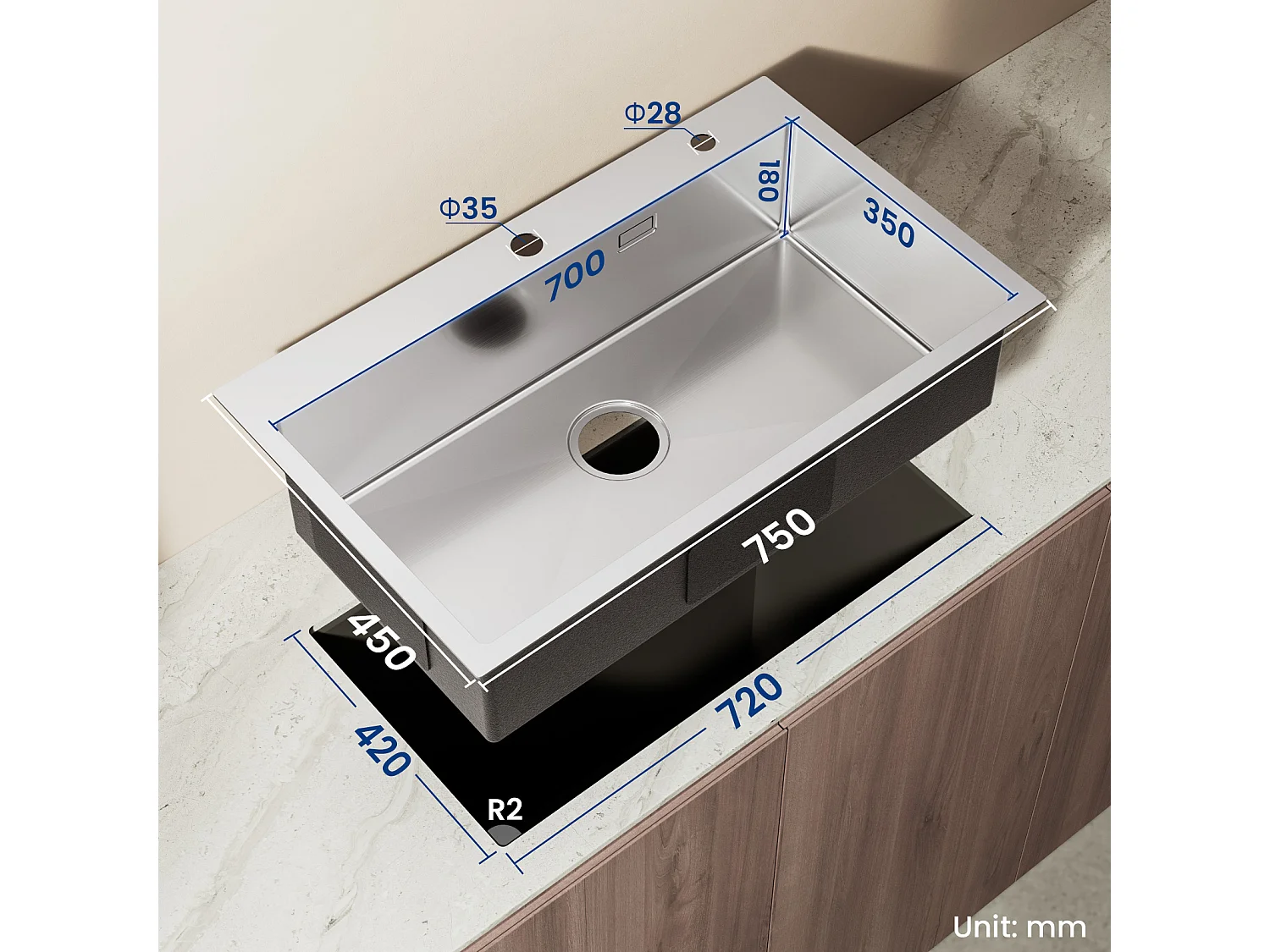 Auralum MAX Évier Cuisine 1 Cuve Inox Brossé75*45*19CM-Évier avec Égouttoir pliable+Mitigeur Cuisine avec Douchette Extractible Rotatif 360°