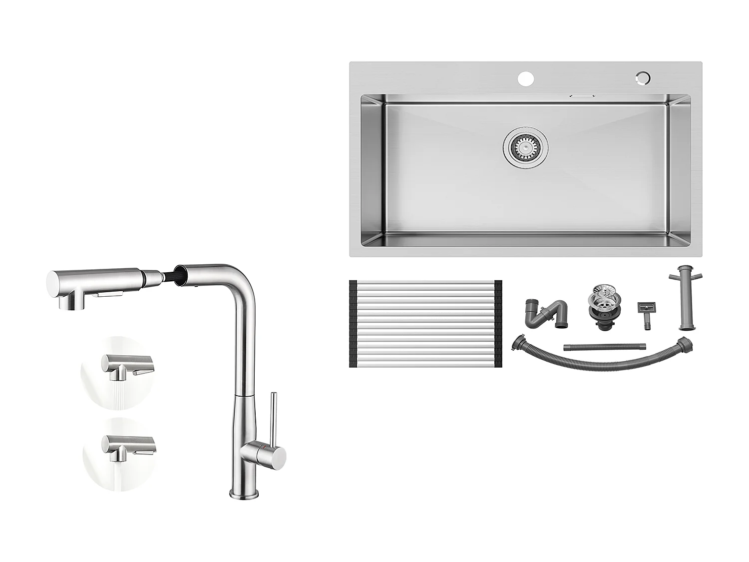 Auralum MAX Aanrecht 1 Bak Geborsteld Roestvrij Staal75*45*19CM-Spoelbak met Opvouwbare Afdruiprek+Mengkraan Keuken met Uittrekbare Douche 360° Draaibaar