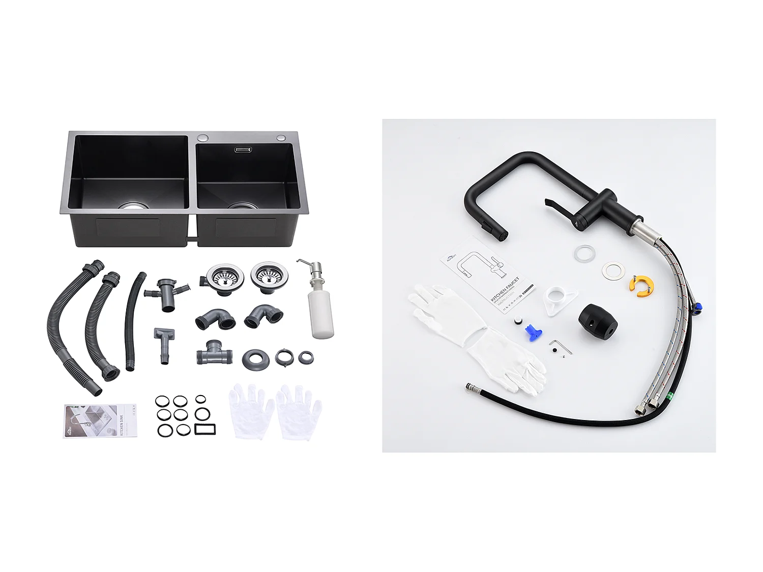 2in1 Küchenspüle 2 Becken, 75x45x19cm, Einbau-/Aufsatzspüle mit Seifenspender + Küchenarmatur mit ausziehbarer Brause, 2 Funktionen, Schwarz