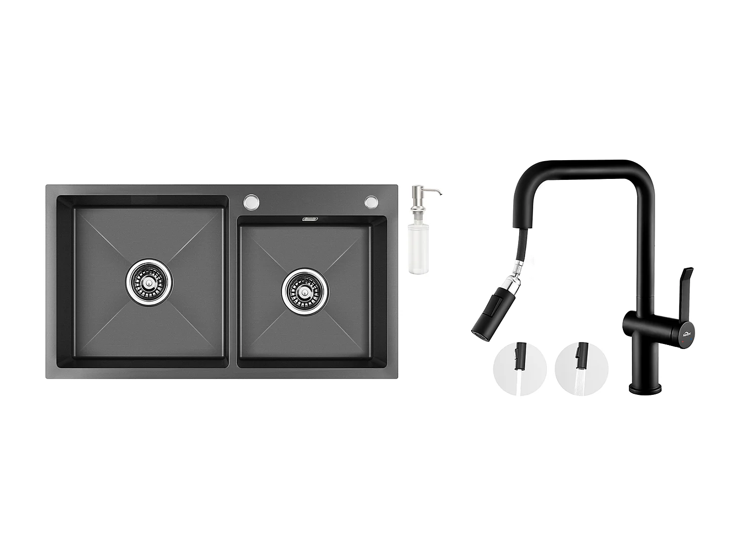 2 en 1 Évier Cuisine 2 Bacs,75x45x19cm, Encastré/ à Poser avec Distributeur Savon+RobinetCuisine avec Douchette Extractible, 2 Fonctions, Noir