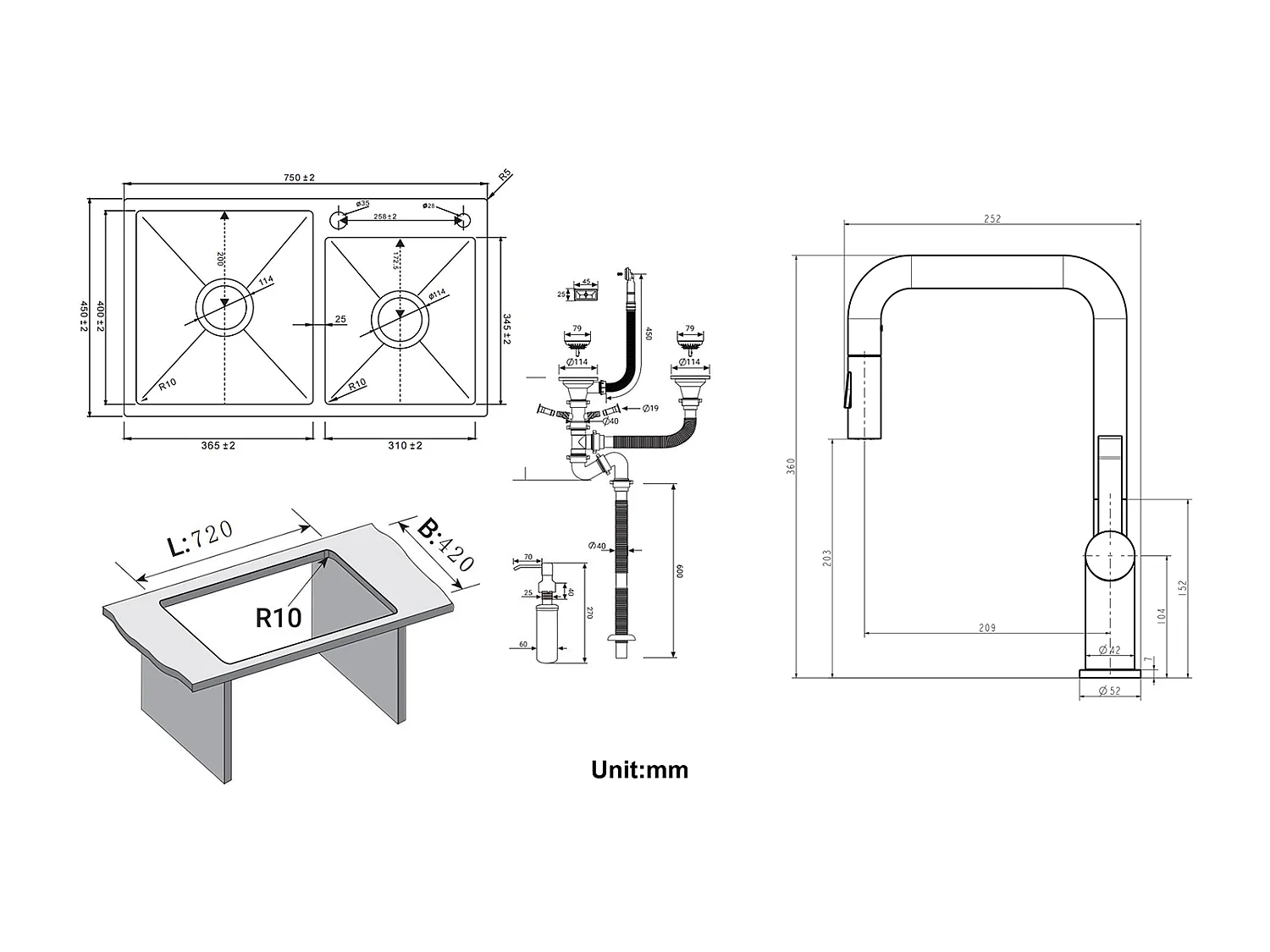 2in1 Aanrecht 2 Bakken, 75x45x19cm,Inbouw/Opzetbaar met Zeepdispenser+Keukenkraan met Uittrekbare Handdouche,2 Functies,Zwart