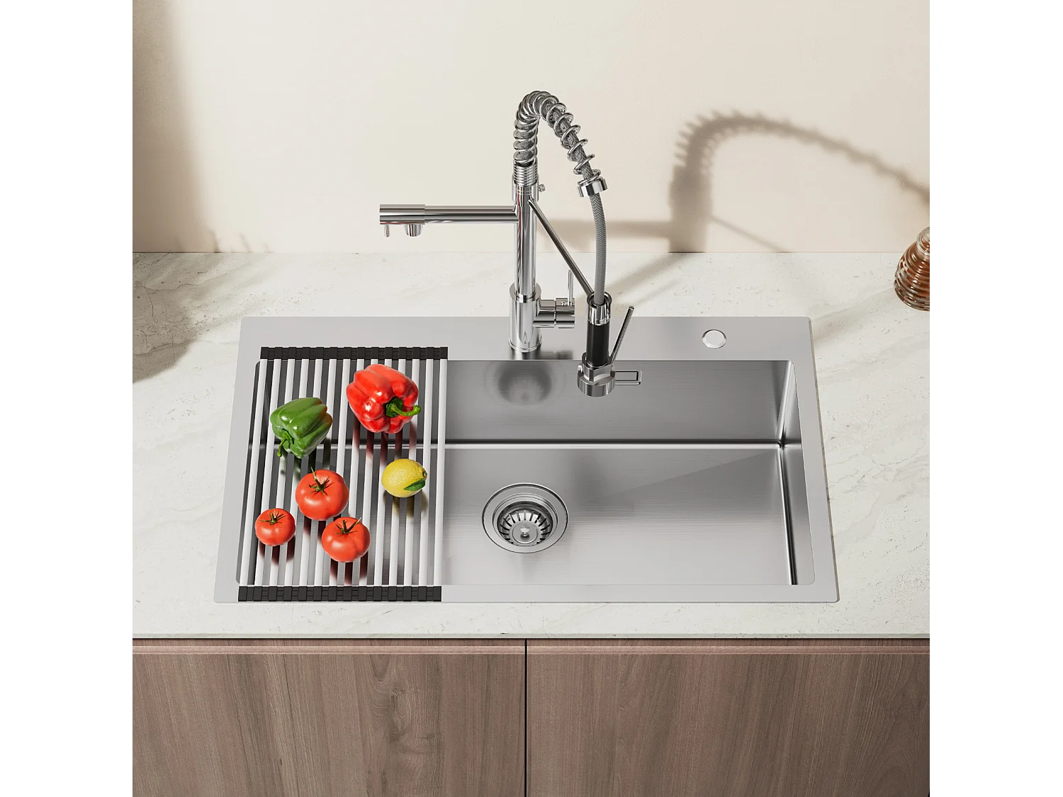 Auralum MAX Évier de Cuisine 1 Cuve Inox Brossé 304 75*45*19CM - Évier 1 Bac avec Égouttoir pliable-Grande Capacité avec Deux Trous de Montage
