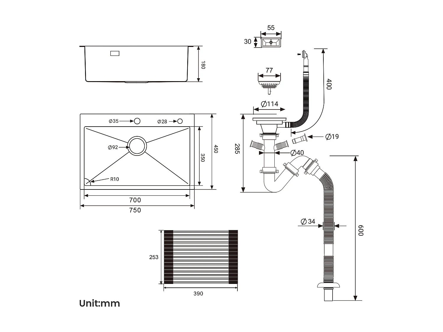 Auralum MAX Évier de Cuisine 1 Cuve Inox Brossé 304 75*45*19CM - Évier 1 Bac avec Égouttoir pliable-Grande Capacité avec Deux Trous de Montage