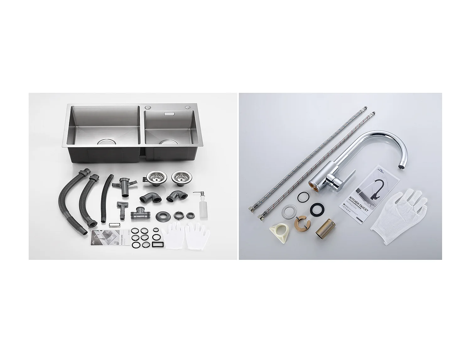 Évier Cuisine 2 Bac 75x45x19cm,Encastré/ à Poser avec Distributeur de Savonr+Robinet Cuisine Pivotant à 360° avec Eau Chaude/Froide, Chromé