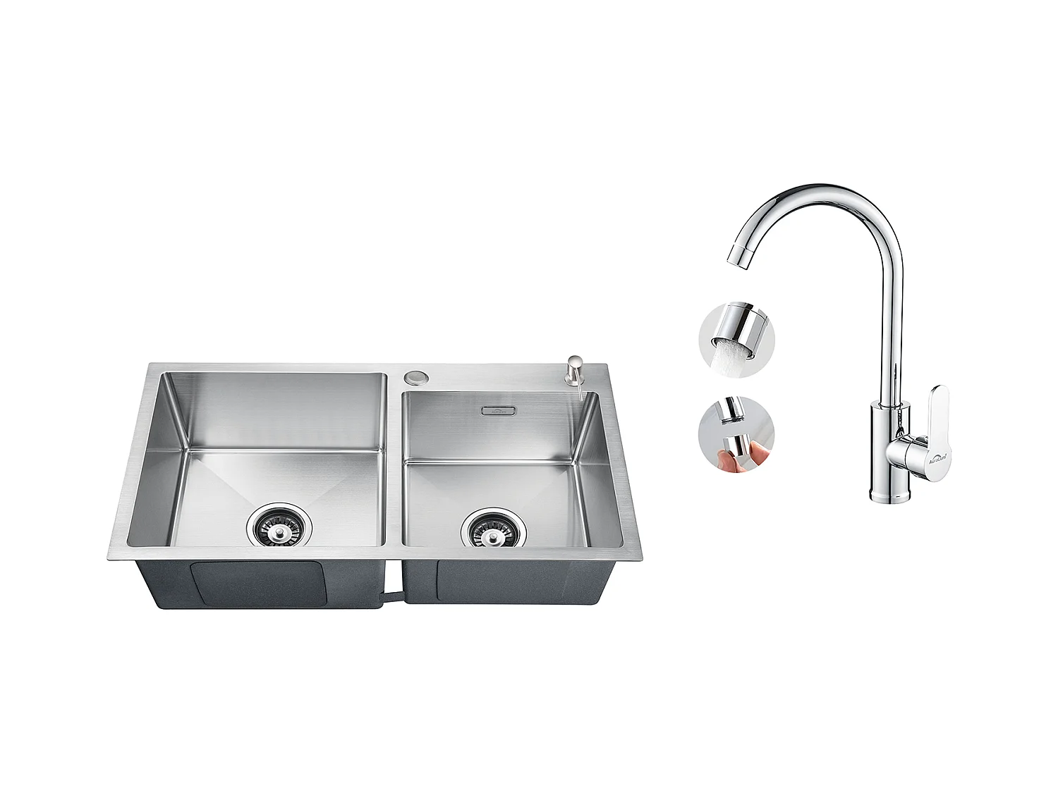 Évier Cuisine 2 Bac 75x45x19cm,Encastré/ à Poser avec Distributeur de Savonr+Robinet Cuisine Pivotant à 360° avec Eau Chaude/Froide, Chromé