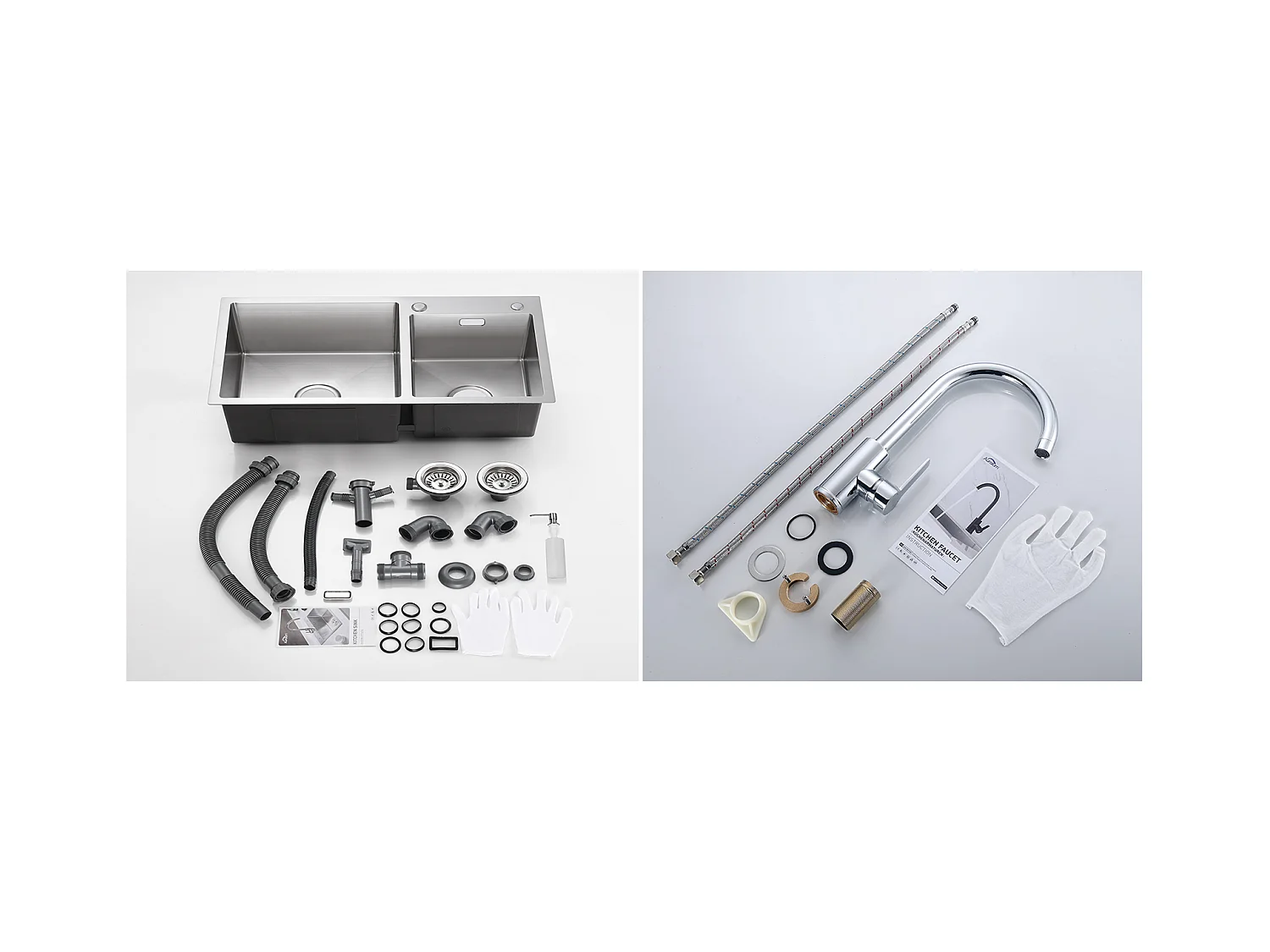 Évier Cuisine 2 Bac 75x45x19cm,Encastré/ à Poser avec Distributeur de Savonr+Robinet Cuisine Pivotant à 360° avec Eau Chaude/Froide, Chromé