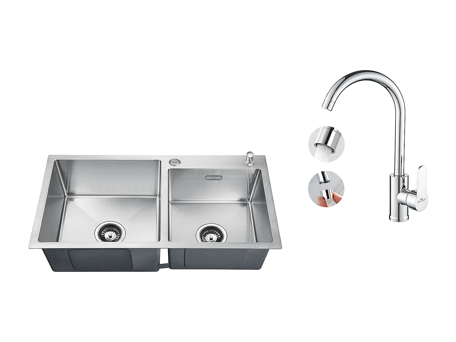 Évier Cuisine 2 Bac 75x45x19cm,Encastré/ à Poser avec Distributeur de Savonr+Robinet Cuisine Pivotant à 360° avec Eau Chaude/Froide, Chromé