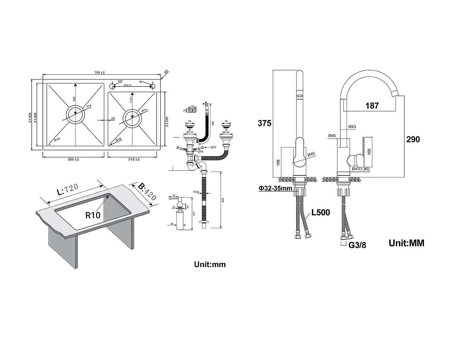Évier Cuisine 2 Bac 75x45x19cm,Encastré/ à Poser avec Distributeur de Savonr+Robinet Cuisine Pivotant à 360° avec Eau Chaude/Froide, Chromé