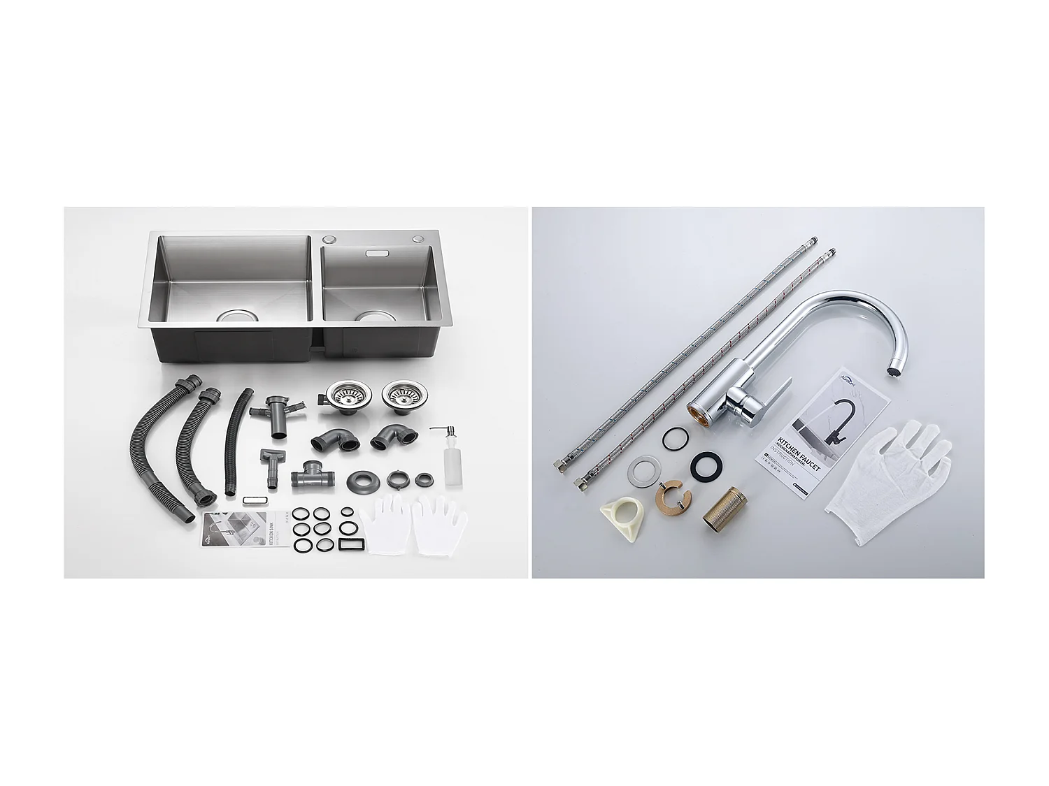 Évier Cuisine 2 Bac 75x45x19cm,Encastré/ à Poser avec Distributeur de Savonr+Robinet Cuisine Pivotant à 360° avec Eau Chaude/Froide, Chromé