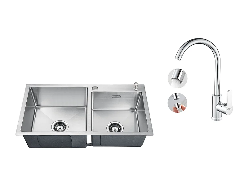 Évier Cuisine 2 Bac 75x45x19cm,Encastré/ à Poser avec Distributeur de Savonr+Robinet Cuisine Pivotant à 360° avec Eau Chaude/Froide, Chromé