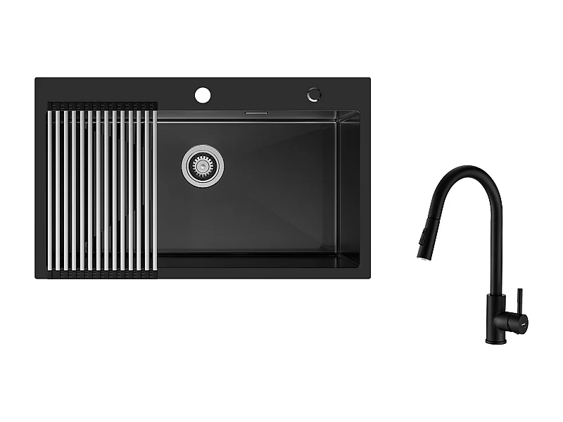 Auralum MAX Évier de Cuisine 1 Bac 75 x 45 cm,Évier Inox Noir avec Égouttoir Pliable+Robinet Cuisine avec Douchette,Mitigeur EVIER Extractible,Noir