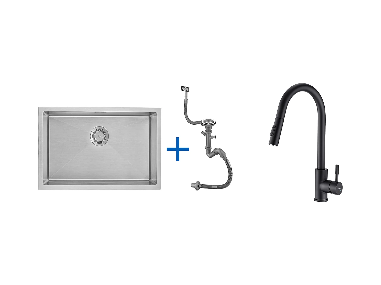 Évier Cuisine 1 Bac 70*44*19CM,à Encastrer/Fleur/Sous-Plan,avec Siphon/Trop-Plein,Brossé+Robinet Cuisine Noir,Extractible Rotatif 360 °, 2 Fonctions 