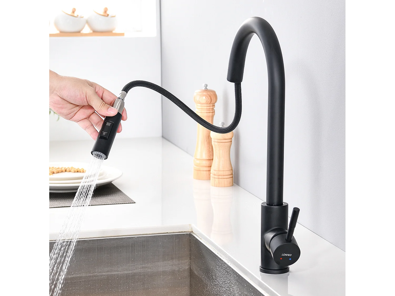 Évier Cuisine 1 Bac 70*44*19CM,à Encastrer/Fleur/Sous-Plan,avec Siphon/Trop-Plein,Brossé+Robinet Cuisine Noir,Extractible Rotatif 360 °, 2 Fonctions 