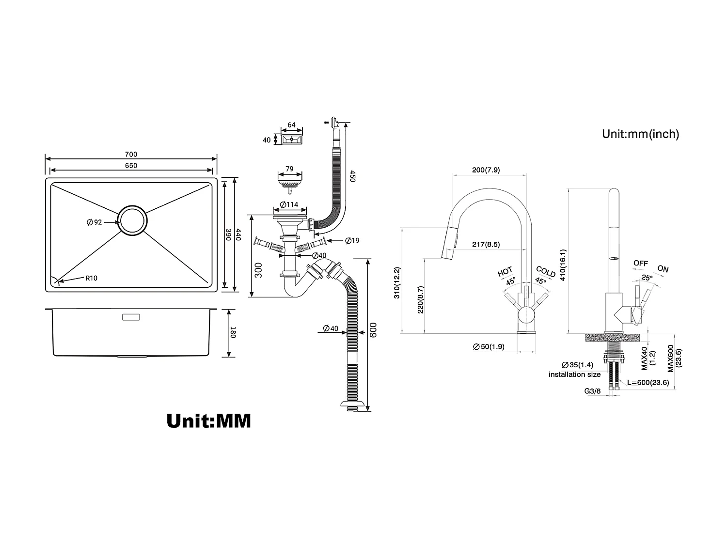 Évier Cuisine 1 Bac 70*44*19CM,à Encastrer/Fleur/Sous-Plan,avec Siphon/Trop-Plein,Brossé+Robinet Cuisine Noir,Extractible Rotatif 360 °, 2 Fonctions 