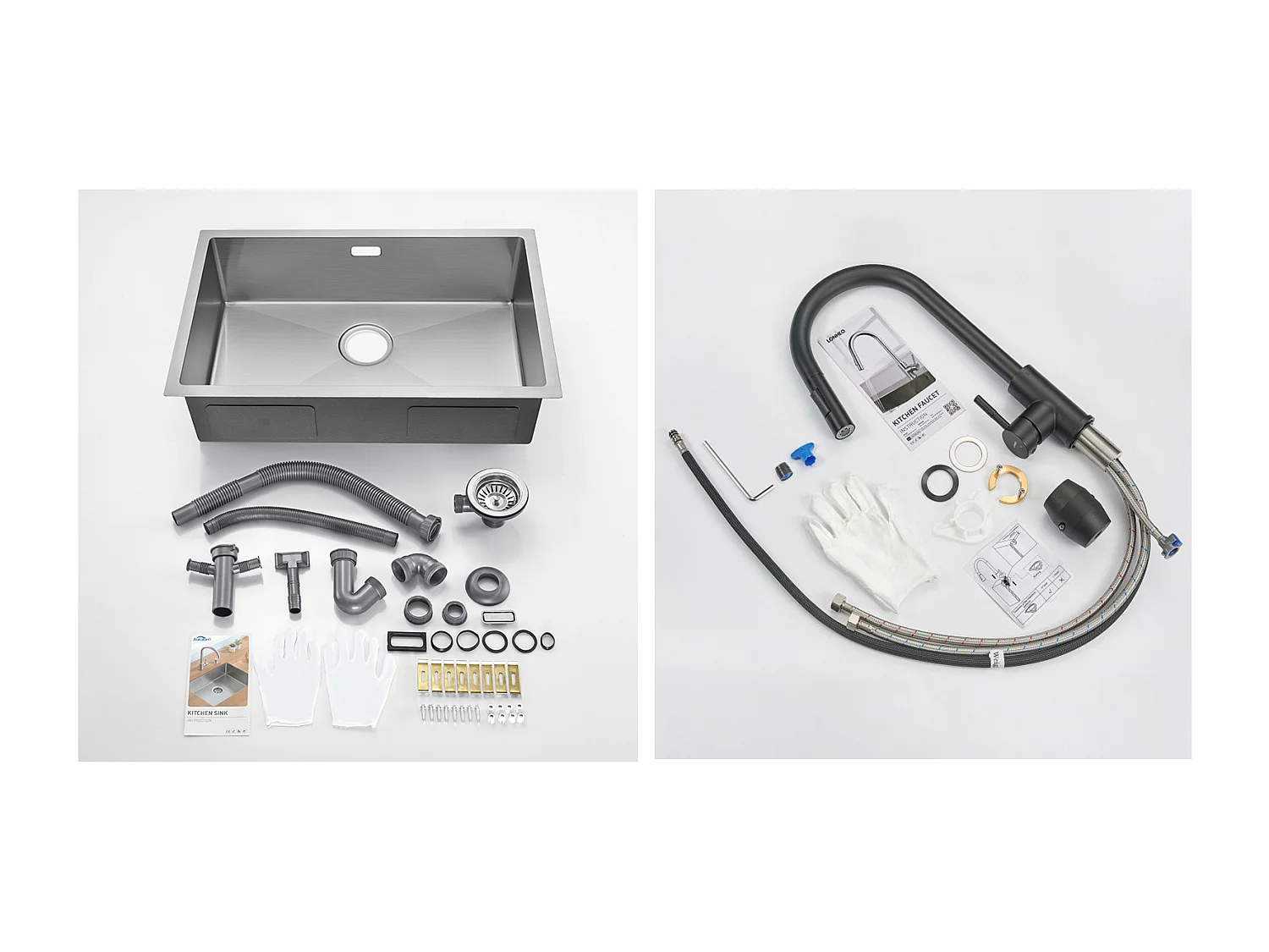 Évier Cuisine 1 Bac 70*44*19CM,à Encastrer/Fleur/Sous-Plan,avec Siphon/Trop-Plein,Brossé+Robinet Cuisine Noir,Extractible Rotatif 360 °, 2 Fonctions 