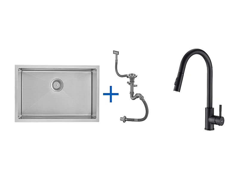 Évier Cuisine 1 Bac 70*44*19CM,à Encastrer/Fleur/Sous-Plan,avec Siphon/Trop-Plein,Brossé+Robinet Cuisine Noir,Extractible Rotatif 360 °, 2 Fonctions 