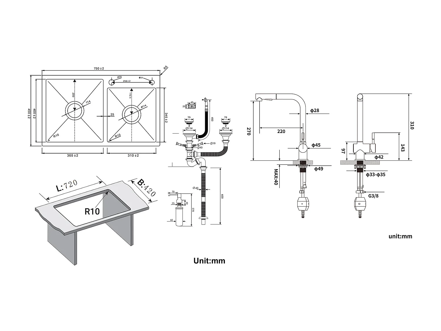 2in1 Aanrecht 2 Bakken 75x45x19cm, Inbouw/ Opzetbaar met Zeepdispenser+Kraan Keuken Uittrekbare Handdouche Twee Jets Draaibaar 360°