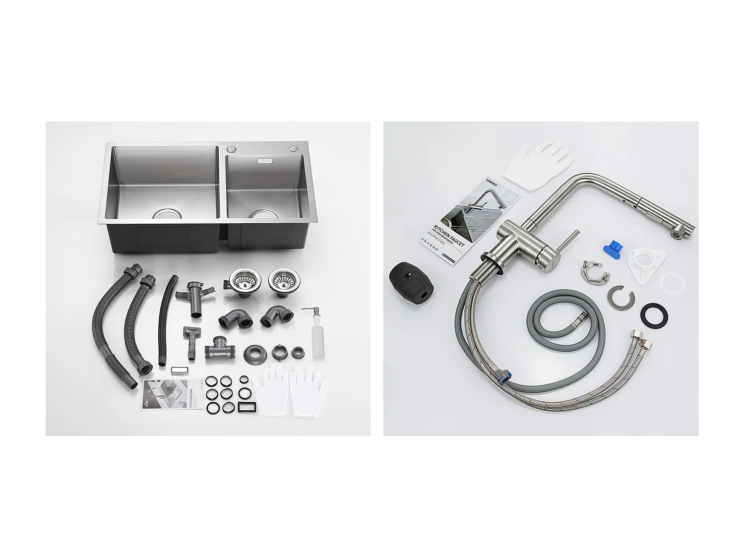 2in1 Aanrecht 2 Bakken 75x45x19cm, Inbouw/ Opzetbaar met Zeepdispenser+Kraan Keuken Uittrekbare Handdouche Twee Jets Draaibaar 360°