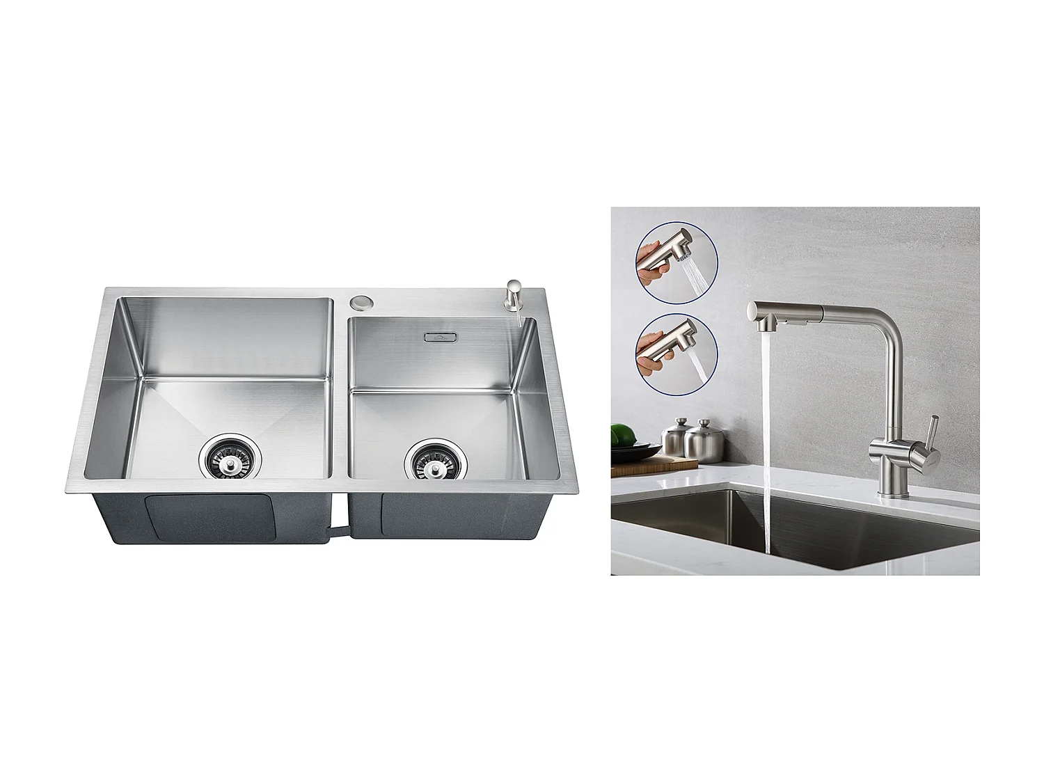 2 en 1 Évier Cuisine 2 Bac 75x45x19cm,Encastré/ à Poser avec Distributeur Savon+Robinet Cuisine Douchette Extractible Deux Jets Pivotant 360°