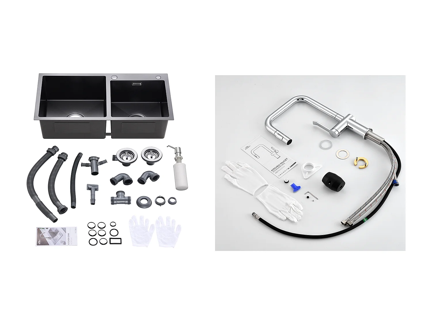 2 en 1 Évier Cuisine 2 Bacs, Noir, 75x45x19cm,Encastré/ à Poser avec Distributeur Savon+Robinet Cuisine avec Douchette Extractible, 2 Fonctions, Chromé