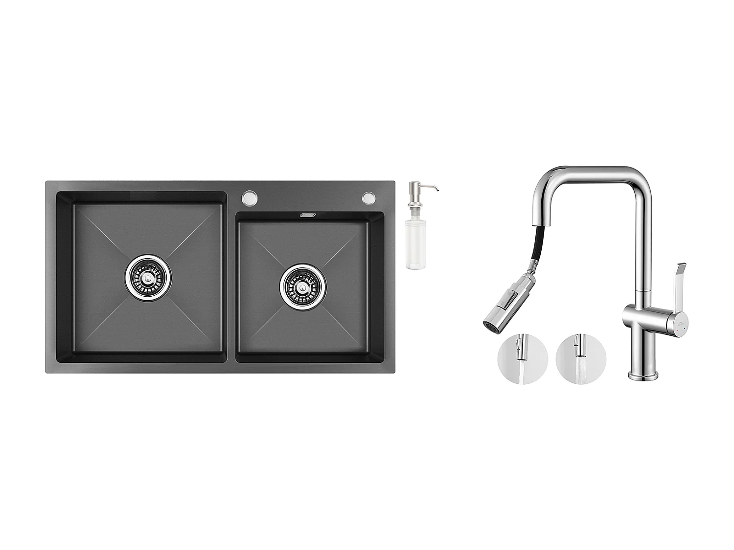 2 en 1 Évier Cuisine 2 Bacs, Noir, 75x45x19cm,Encastré/ à Poser avec Distributeur Savon+Robinet Cuisine avec Douchette Extractible, 2 Fonctions, Chromé