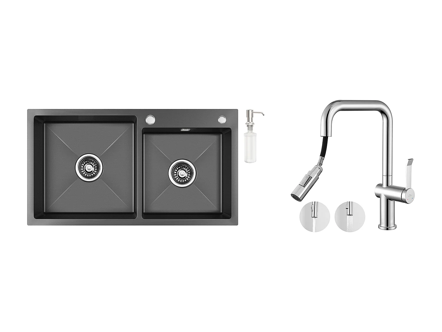 2 in 1 Aanrecht 2 Bakken, Zwart,75x45x19cm, Inbouw/ Opzetbaar met Zeepdispenser+ Keukenkraan met Uittrekbare Handdouche, 2 Functies, Verchroomd