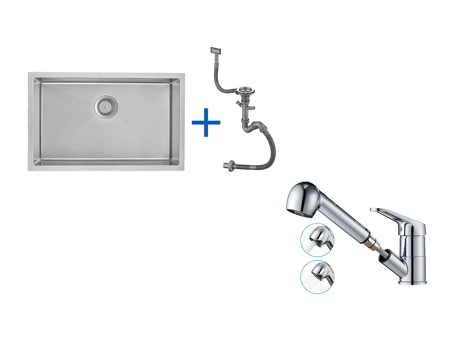 Évier Cuisine 1 Bac 70*44*19CM,à Encastrer/Fleur/Sous-Plan,avec Siphon/Trop-Plein+Mitigeur Cuisine avec Douchette Extractible Rotatif 360° ,Chromé