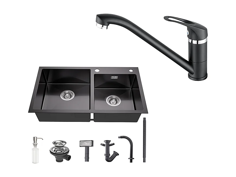 Lavello da cucina 2 Vassoi,75x45x19cm,Incasso/da posare,Distributore di sapone+Rubinetto da cucina,Orientabile a 360°,Acua calda/fredda,Nero