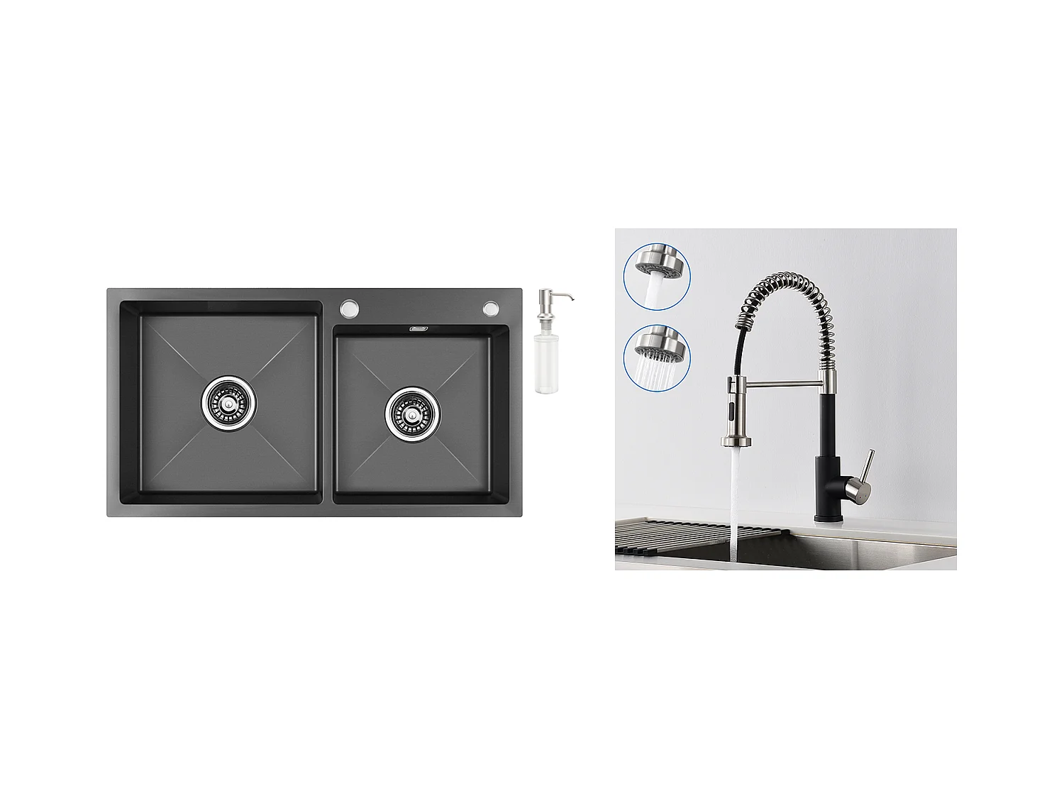 2-in-1-Küchenspüle, 2 Becken, 75 x 45 x 19 cm, Einbau-/Aufputzspüle mit Seifenspender + Küchenarmatur mit ausziehbarem Sprüher, 2 Modi, schwarz