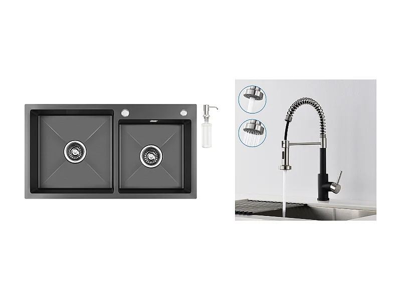 2 en 1 Évier Cuisine 2 Bacs ,75x45x19cm,Encastré/ à Poser avec Distributeur  Savon+Robinet Cuisine avec Douchette Extensible,2 Modes,Noir