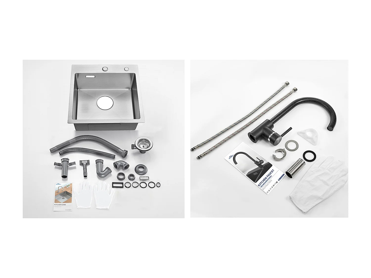 Évier Cuisine 1 Bac 45x45CM Acier Inoxydable 304 ,encastré et à Poser +Robinet Cuisine Rotatif 360°Eau Froide Chaude Noir avec points blancs