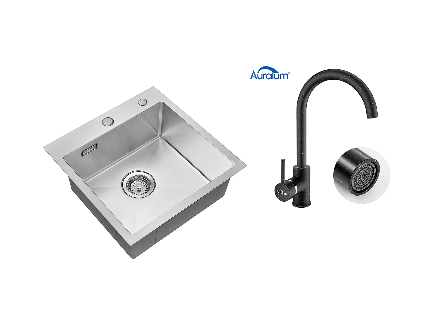 Évier Cuisine 1 Bac 45x45CM Acier Inoxydable 304 ,encastré et à Poser +Robinet Cuisine Rotatif 360°Eau Froide Chaude Noir avec points blancs
