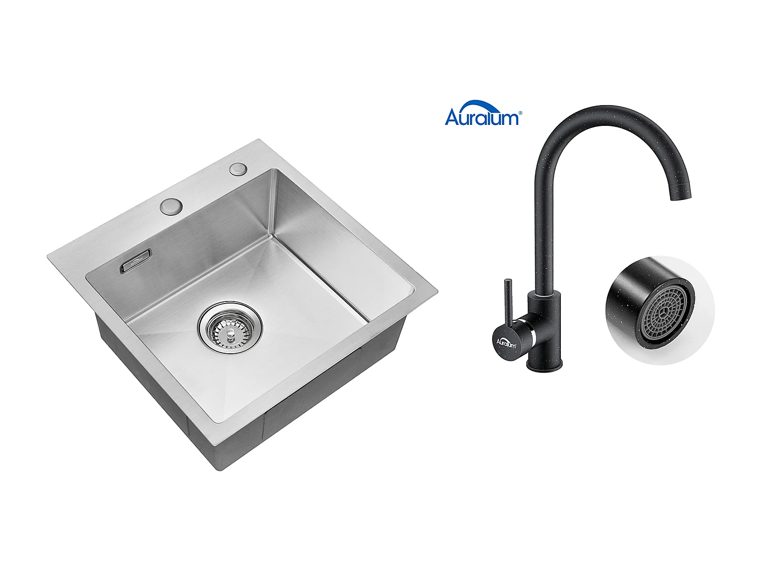 Évier Cuisine 1 Bac 45x45CM Acier Inoxydable 304 ,encastré et à Poser +Robinet Cuisine Rotatif 360°Eau Froide Chaude Noir avec points blancs