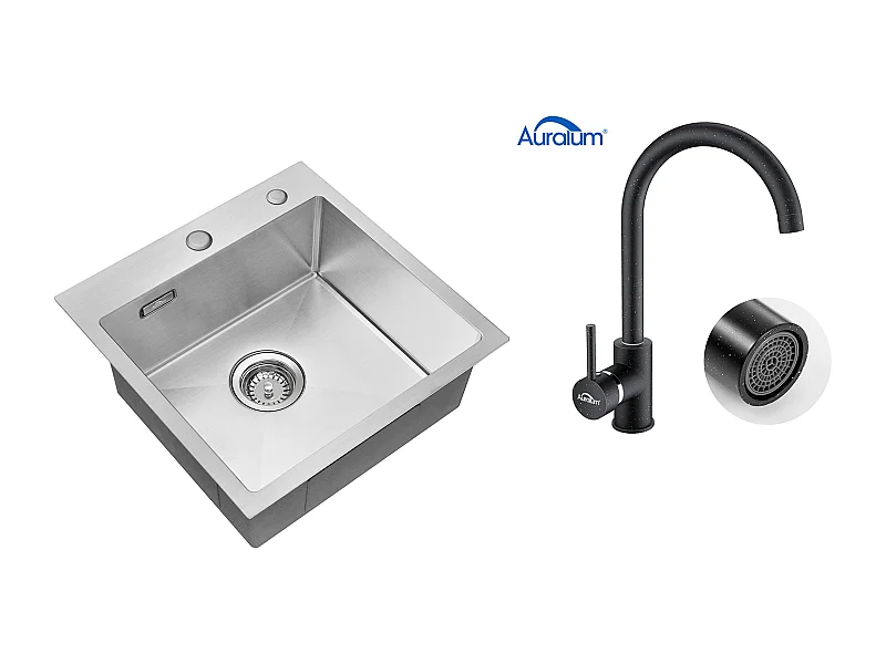 Évier Cuisine 1 Bac 45x45CM Acier Inoxydable 304 ,encastré et à Poser +Robinet Cuisine Rotatif 360°Eau Froide Chaude Noir avec points blancs