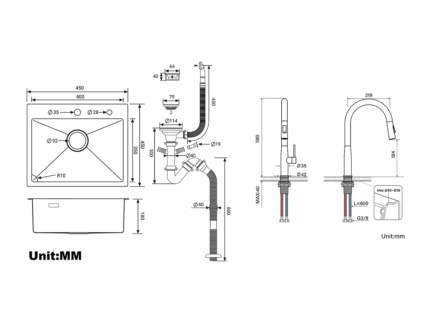 Évier Cuisine 1Bac 45x45CM Acier Inoxydable 304 ,encastré/à Poser+Mitigeur Cuisine,avec Douchette Extractible,2 Modes,Eau Froide/Chaude,Brossé