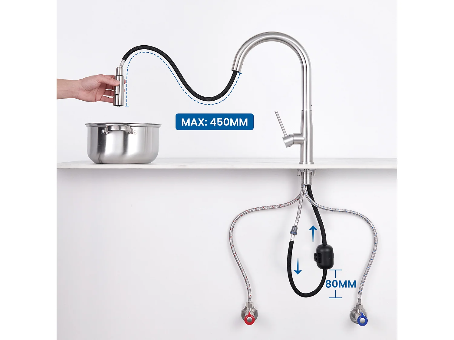 Évier Cuisine 1Bac 45x45CM Acier Inoxydable 304 ,encastré/à Poser+Mitigeur Cuisine,avec Douchette Extractible,2 Modes,Eau Froide/Chaude,Brossé