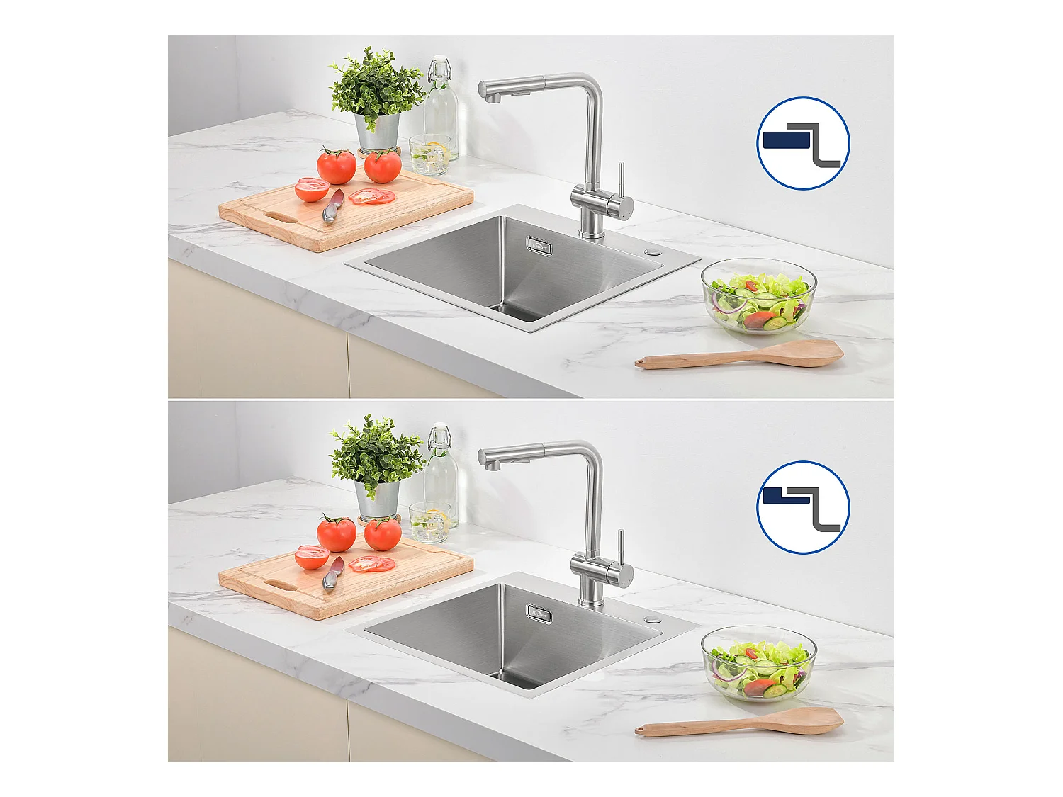 Lavello Cucina 1 vasca  45x45CM,Inossidabile,Lavello Cucina Incasso/da Posare+rubinetto della cucina,con doccetta estraibile,acqua fredda/calda