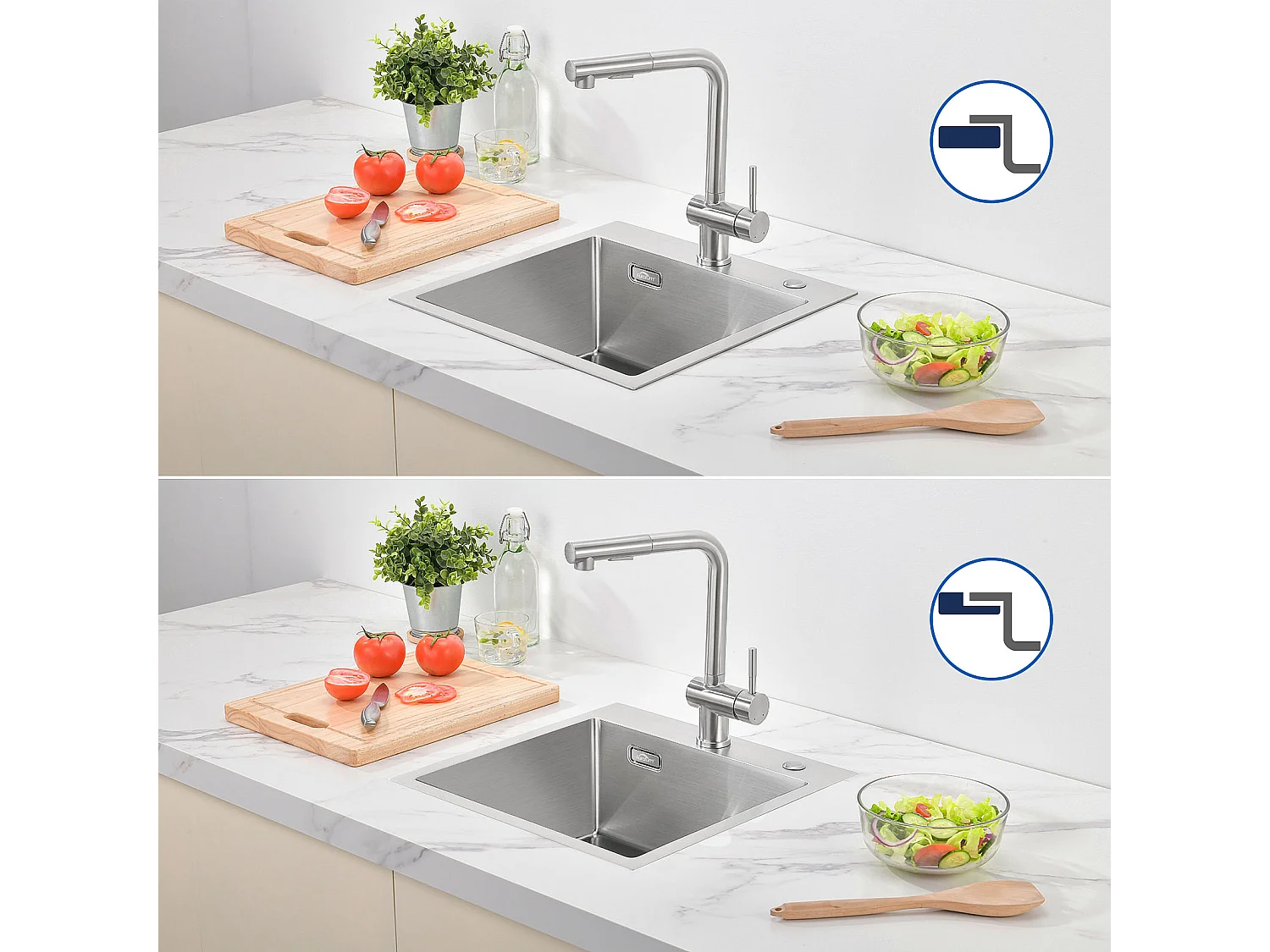 Lavello Cucina 1 vasca  45x45CM,Inossidabile,Lavello Cucina Incasso/da Posare+rubinetto della cucina,con doccetta estraibile,acqua fredda/calda